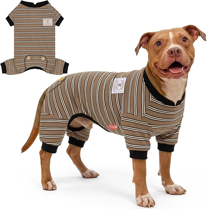 KYEESE Dog Pajamas, Soft Dog Pajamas for Large Dogs Boy Girl, Comfy Dogs PJS Breathable Onesie Clothes, Stretchy Jammies Pet Sleepwear, Lightweight Puppy Jumpsuit Outfit, Khaki Striped, 3XL