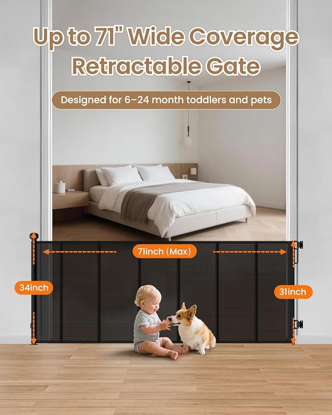 Mesh Dog Gate, 71" Wide 34" Tall Retractable Mesh Baby Gates | Retractable Dog Gate Indoor, One-Hand Use, Baseboard Fit, 6 Reinforced Rods, for Open Kitchen, Living Room & Playroom, Black