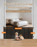 Mesh Dog Gate, 71" Wide 34" Tall Retractable Mesh Baby Gates | Retractable Dog Gate Indoor, One-Hand Use, Baseboard Fit, 6 Reinforced Rods, for Open Kitchen, Living Room & Playroom, Black