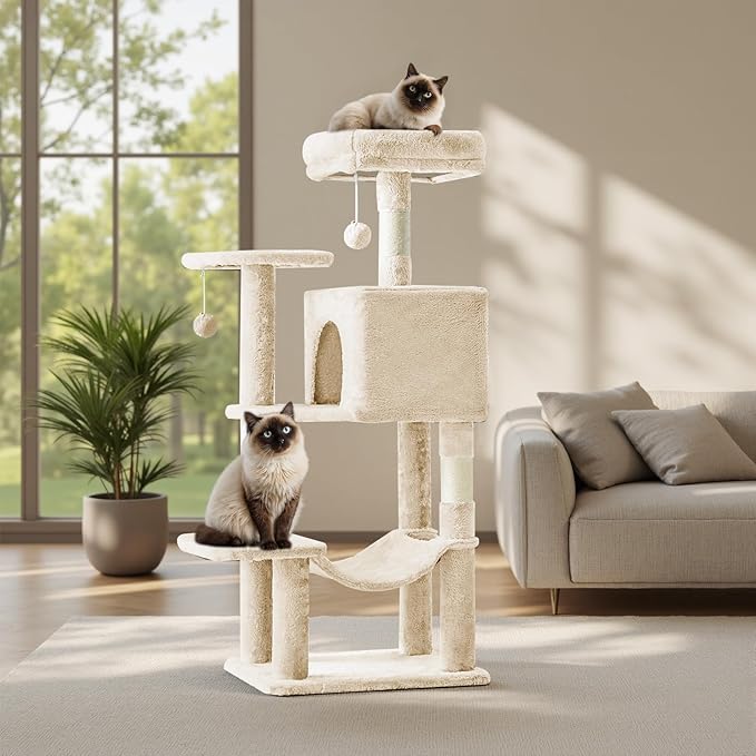Sweetcrispy 44 Inch Cat Tree Tower, Cat Condo with Hammock, Beige | Cat Climbing Tower with Natural Sisal Scratching Posts, Hammock, Pet Condo for Indoor Cats and Kittens Play