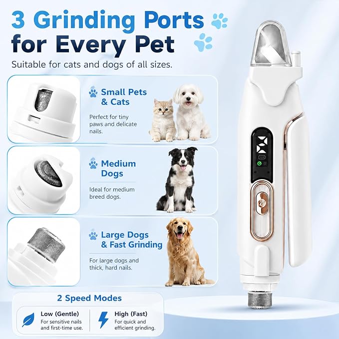 2-in-1 Dog Cat Nail Clippers & Grinder with LED Light, Pet Nail Trimmer with Splash Guard & Safety Lock, 2 Speeds USB Rechargeable Quiet Paw Nail Cutter for Large Medium Small Dogs Cats (Pink)