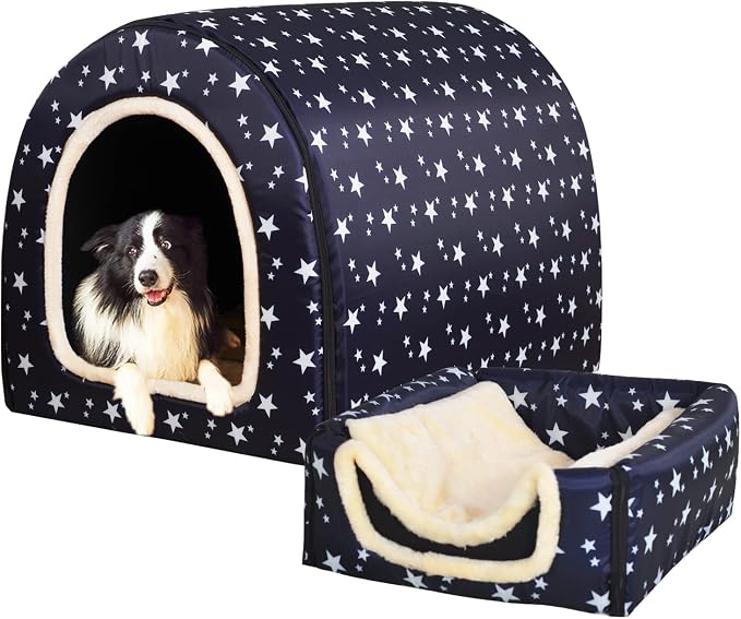 Dog Bed,2 Ways to Use,Indoor Pet House with Fluffy Mat,Removable and Washable Cover,Splash-Proof House and Non-Slip Bottom,for Large Dogs(2XL Star)