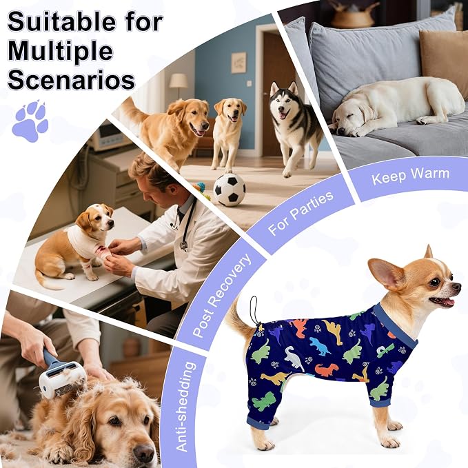 Bienbee Dog Pajamas, 4 Pack Adjustable Onesies for Small to Large Dogs S | Dog Shedding Suit with Soft Fabric, Breathable & Stretchy, and Adjustable Back Length for Sleeping Lounging and Daily Use