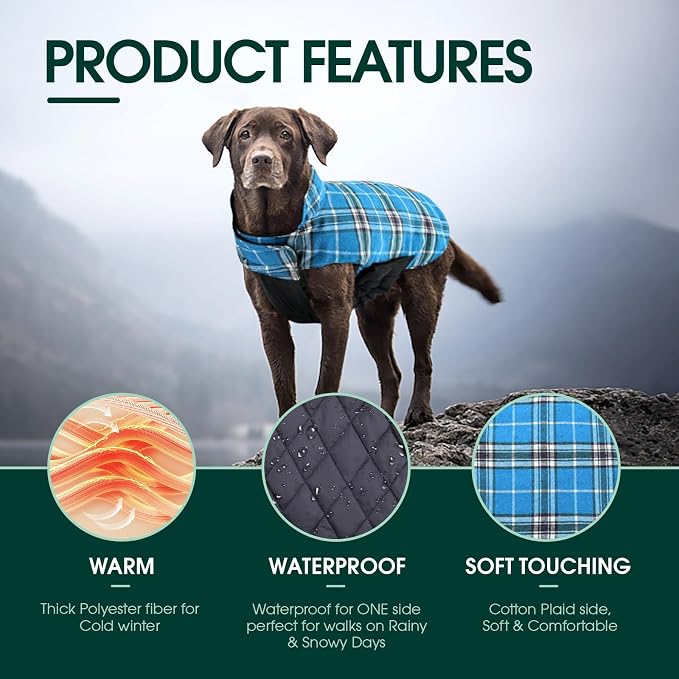 Kuoser Waterproof Dog Coat, Reversible Dog Jacket for Large Dogs, Blue L | Adjustable Durable Doggie Winter Coat for Groowing Puppies Warm Puppy Cold Weather Apparel