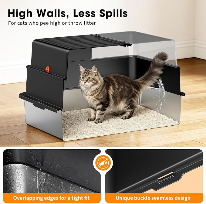 XXXL Stainless Steel Cat Litter Box with Lid – 28.3"×20.2"×17.3", Black | Enclosed High-Sided Cat Litter Box, Non-Stick Rustproof Pan & Leak-Proof Base, for Large & Multi-Cat Homes, Footboard & Scoop