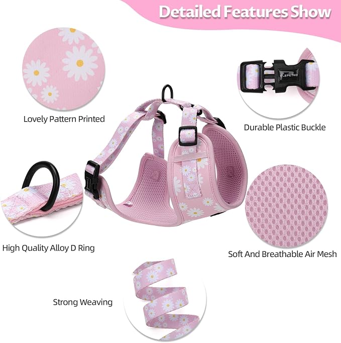 Small Dog Harness and Leash Set of 6, No Pull Soft Lightweight Mesh Puppy Harness， Adjustable Cute Floral Pattern Pet Harness for Small Medium Dogs (Pink Flowers, L)