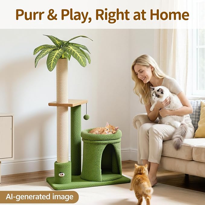 41" Cat Tree Tower Condo Scratch Post Stand for Indoor Small Cats | Palm Tree Compact Space Saving Scratch Post Stand with Cozy Bed, Great for Kitten Climbing, Scratching Playing & Resting