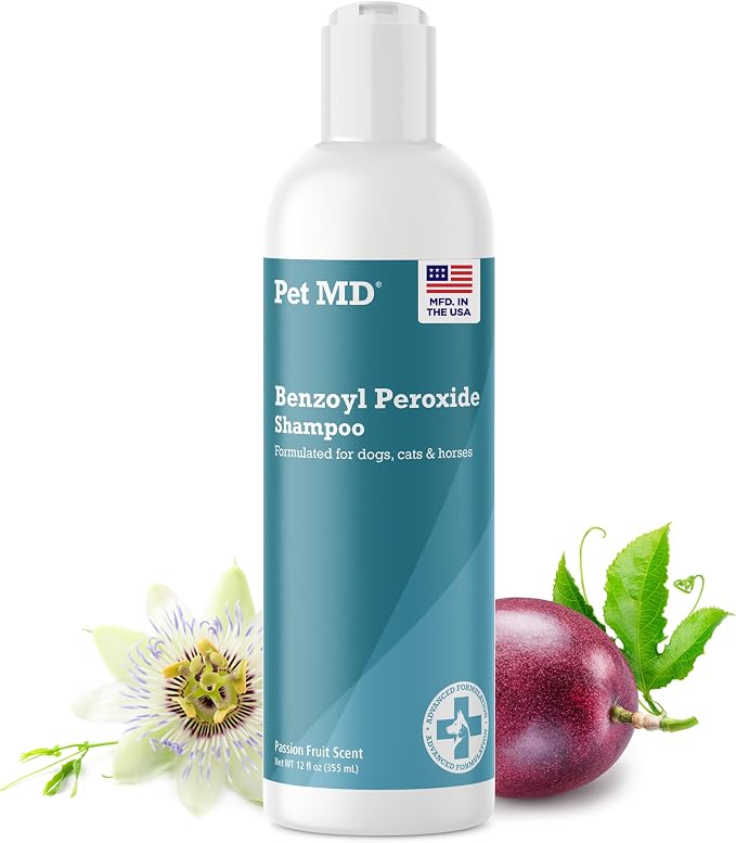 Pet MD Benzoyl Peroxide Shampoo for Dogs, Cats, and Horses - 12oz | Helps Relieve Itchy, Oily & Flaky Skin - Deep Cleansing & Deodorizing Formula - Passion Fruit Scent