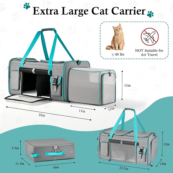 Keaber Cat Carrier for 2 Cats with Expandable Space & Litter Box, Gray | Extra Large Soft Sided Pet Carrier with Detachable Divider, Puppy Travel Carriers for Home, Car, Camping & Vet Visits