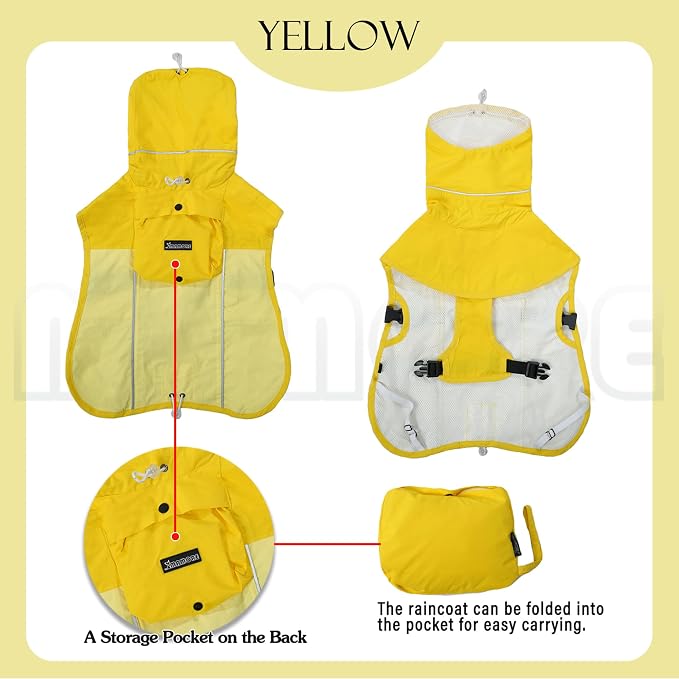 MAMORE Dog Raincoat, Waterproof Rain Jacket for Small Medium Large Dogs, Windproof Reflective Adjustable Breathable Pet Rain Coat with Storage Pocket and Leash Holes (Mineral Yellow, 2X-Large)