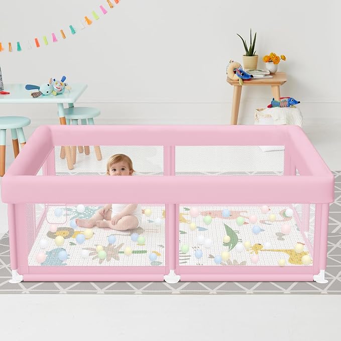 Hiaksedt Baby Playpen with Mat 50"x50" Baby Girl Play Pen for Babies | Playpen and Toddlers, Safe Structure and Soft, Skin-Friendly Fabric with Zipper Gates Pink