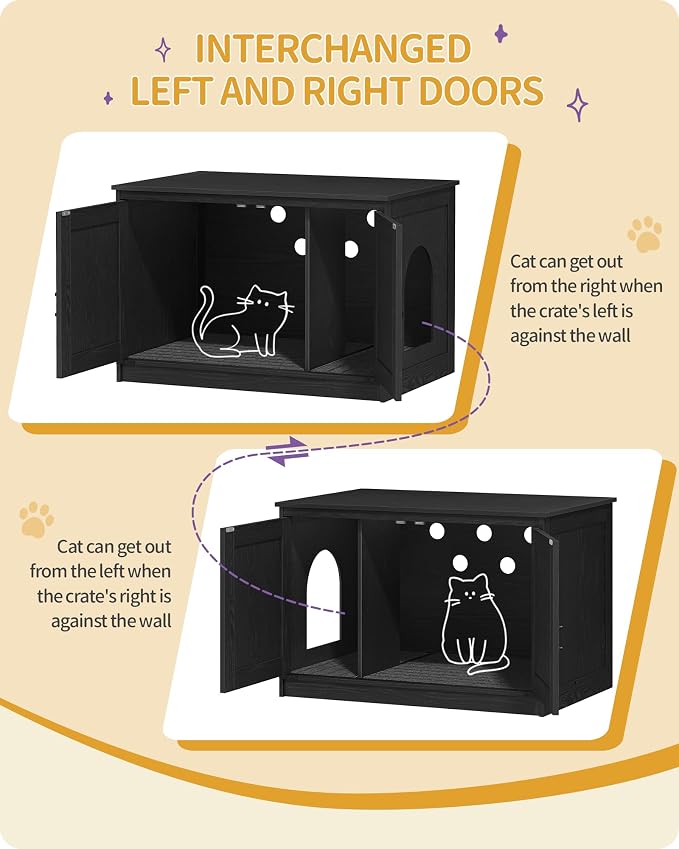 Hzuaneri Cat Litter Box Enclosure, Hidden Litter Box Furniture with Divider | Wooden Cat Cabinet with Removable Dividers, Reversible Entrance Left or Right Side, Cat Washroom, Black CB84604X