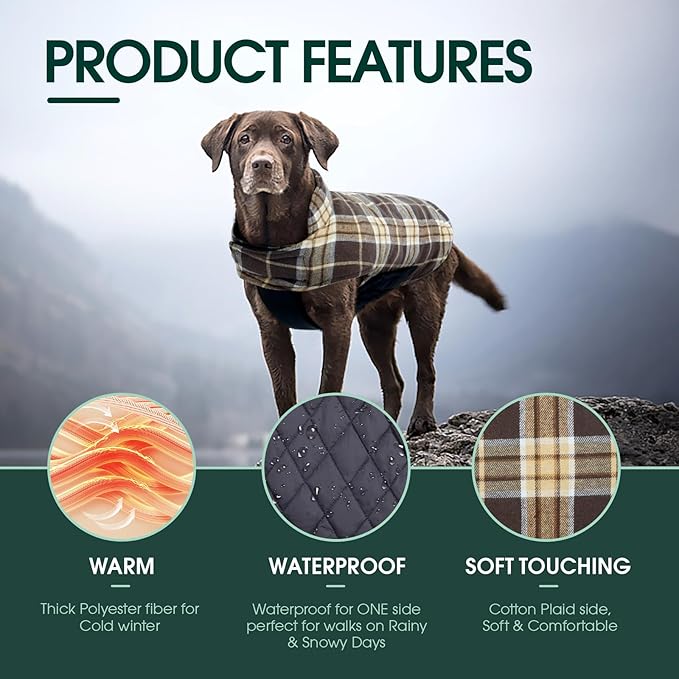 Kuoser Waterproof Dog Coat, Reversible Dog Jacket for Large Dogs | Adjustable Durable Doggie Winter Coat for Groowing Puppies Warm Puppy Cold Weather Apparel, Dark Brown L