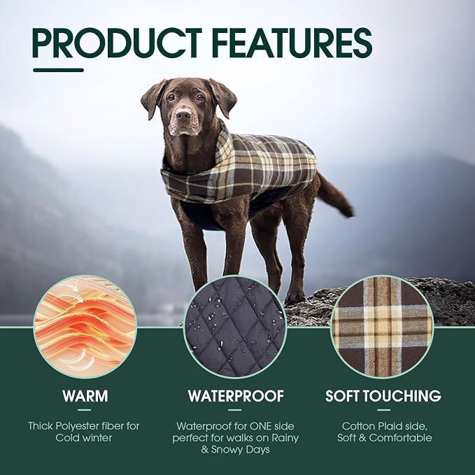 Kuoser Warm Dog Coat, Waterproof Dog Jacket for Extra Large Dogs | Adjustable Durable XL Doggie Winter Coat Reversible Cozy Puppy Cold Weather Apparel from Small to Large Breed, Dark Brown XL