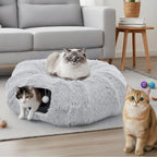 DUMOS Cat Tunnel Bed for Indoor Cats, Cave Donut Play Tunnel, Grey | Soft Plush Peekaboo, Washable Circle Cushion, Multifunctional Playground Under Tree Toys for Kittens, Puppy, Rabbit, Ferret