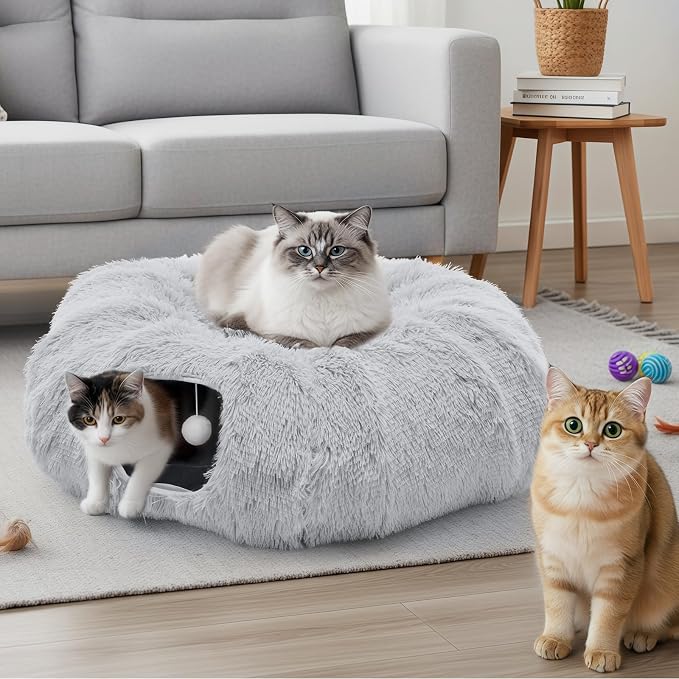 DUMOS Cat Tunnel Bed for Indoor Cats, Cave Donut Play Tunnel, Grey | Soft Plush Peekaboo, Washable Circle Cushion, Multifunctional Playground Under Tree Toys for Kittens, Puppy, Rabbit, Ferret