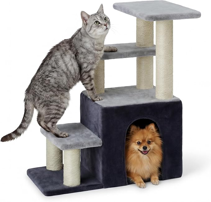 Heybly Cat Scratching Post, Pet Steps for Indoor Cats and Dogs, HSP002SGW | Small Cat Tree with Cat Condo, Pet Stairs with Full Wrapped Sisal Posts & Soft Plush Fabric, Smoky & Light Gray
