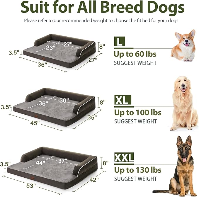 Orthopedic Washable Dog Bed for Large Dogs, 36x27in, Dark Green | Orthopedic Foam Eases Joint Pressure, Bolsters Supports Head And Neck, Washable Pet Beds, Removable Cover, Non-Slip Bottom