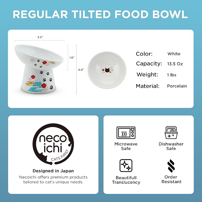 Necoichi Ceramic Elevated Cat Food Bowl, 15° Tilted (Fuji, Regular Tilted)