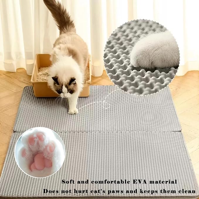 HCY&WLD Cat Litter Mat, Honeycomb Double Layer Litter Trapping Mat | Safe Materials, Soft on Paws, Waterproof Urine Proof Non-Slip, Protects Floors, Less Waste, Easy to Clean, Gray, 35" x 24"