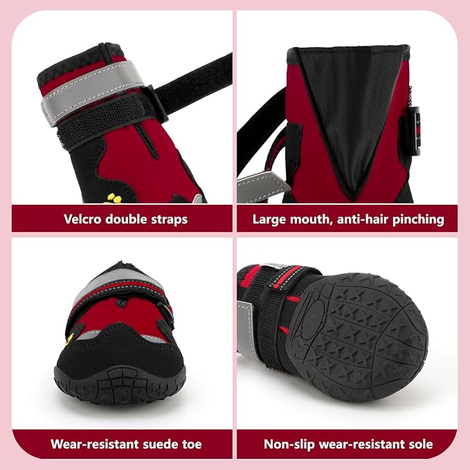 Dog Shoes for Large Dogs, 360°Anti Slip Medium Dog Boots & Paw Protectors Winter Snowy, Waterproof 4Pcs Dog Booties with Reflective Strips (Size 2: 1.77''x2.3''(W*L), Red)