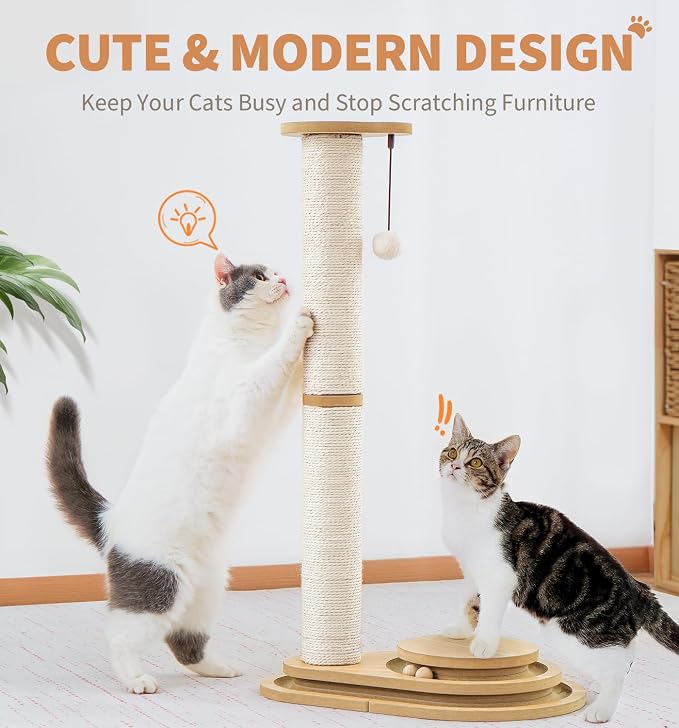 Made4Pets Cat Scratching Post for Indoor Cats with Ball Track 23.4" | Interactive Cat Scratching Post with Natural Sisal Rope, Rolling Ball Track and Taller Scratching Height, Modern Home Décor
