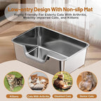Stainless Steel Cat Litter Box, Steel Litter Pan with Curved Low Entry, Leak Proof 6 Inch High Side for Urine, Easy Entry for Kittens Older Cats, No Slip, 23.6" x 15.7" x 7.9", Silver