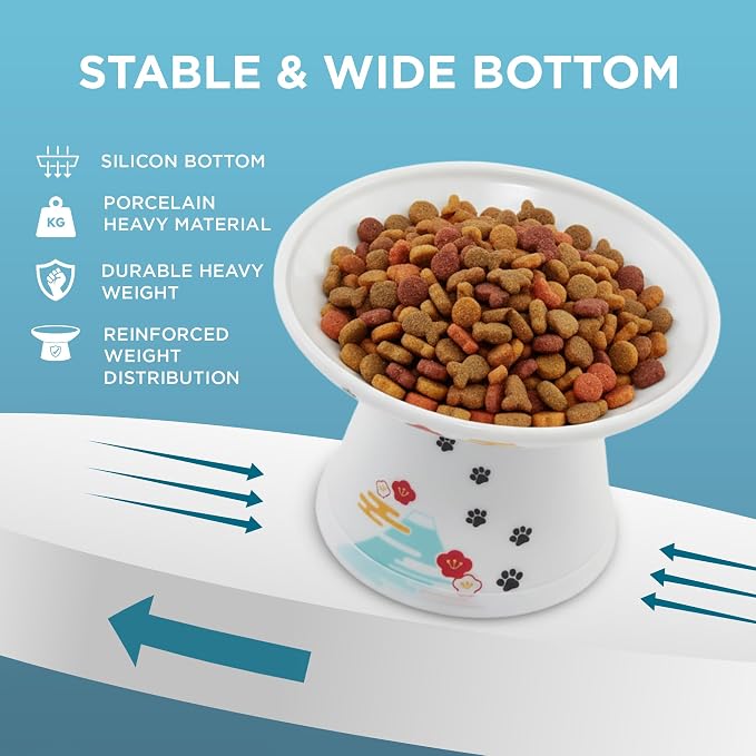 Necoichi Ceramic Extra-Wide Elevated Cat Food Bowl (Fuji, Extra Wide)