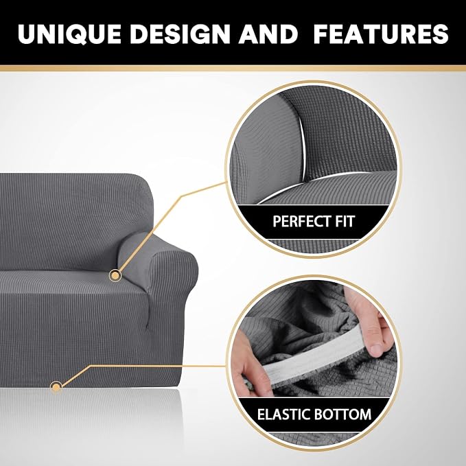 Stretch Sofa Cover Slipcover 1-Piece, Spandex Jacquard Fabric Universal Couch Cover for 3 Cushion, Washable Non Slip Sofa Cover, Pet Friendly (Large Sofa 90"-100",Grey)