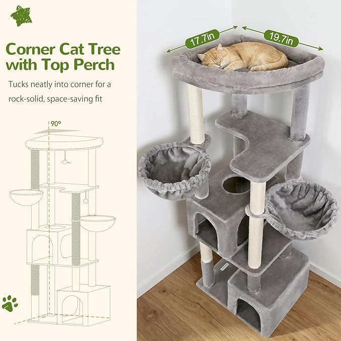 Globlazer C64 Heavy Duty Corner Cat Tree, 64in Large Cat Tower, Light Grey | Easy Setup, Maine Coon, Extra-Large Top Perch, 2 Condos, 2 Hanging Baskets, 4 Sisal Scratching Posts, Anti-Topple Strap