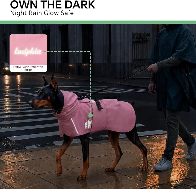 Luciphia Dog Raincoat, Adjustable Hooded Reflective Jacket with Pocket | Pink X-Large dog rain jacket with leash hole, buckle-on, non-stick fur. For daily walks.