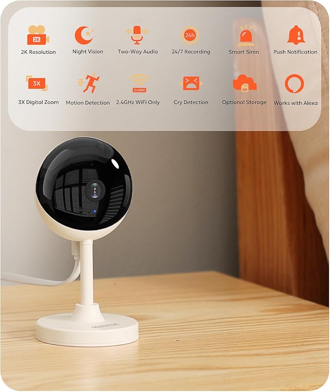 owltron Indoor Security Camera 2K, 2.4GHz WiFi Cameras for Home Security | Baby Monitor Camera with Motion/Cry Detection, Pet & Dog Cam with Phone App, Night Vision, 2-Way Audio, Works with Alexa