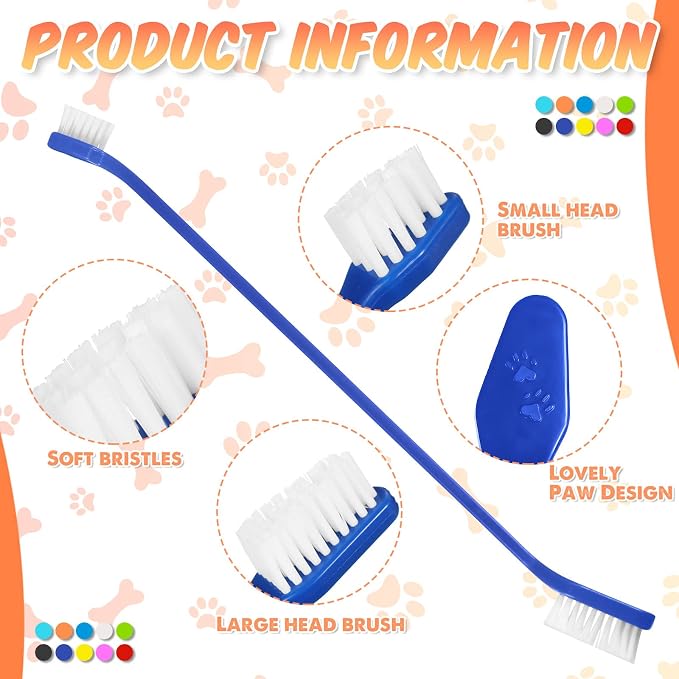 Potchen 100 Count Dog Toothbrush Bulk Dual Headed Pet Toothbrush Kit Soft Bristles Long Handle Double Sided for Dog Grooming Puppy Pet Large Small Teeth Cleaning Dental Oral Care, 10 Color
