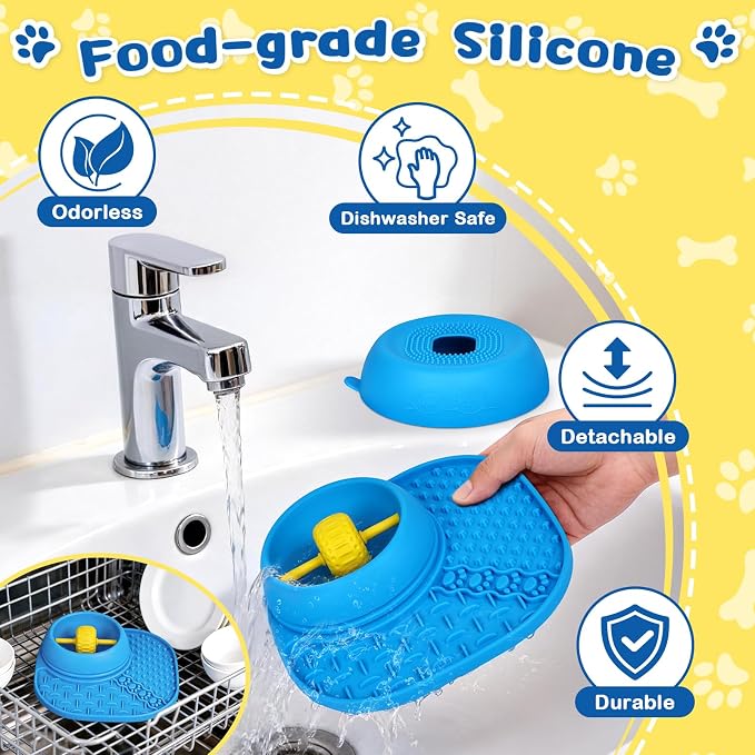 Dog Licking Bowl with Rolling Ball - 2-in-1 Anti-Slip Slow Feeder Dog Bowls w/Lick Mat for Liquid and Thick Treat, 150ml Licking Bowl for Anxiety Relief, Fits Small Medium Large Dogs & Cats Blue 2Pcs