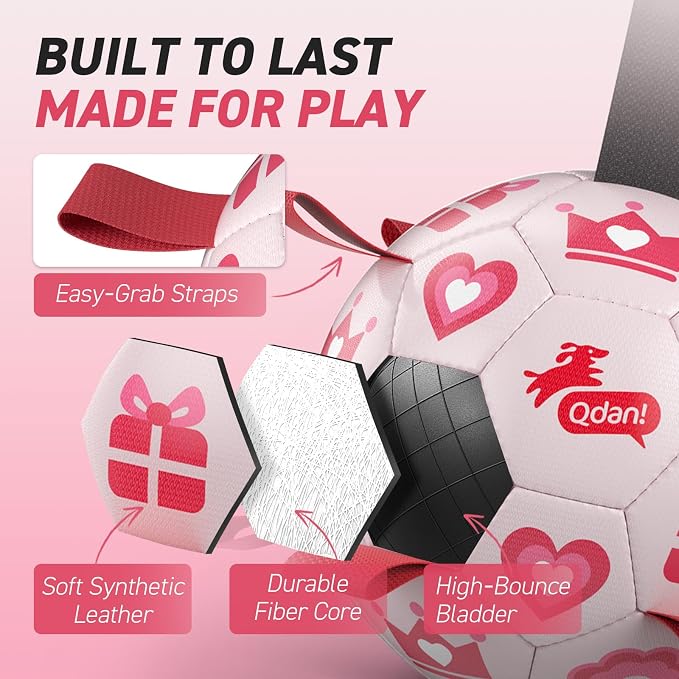 QDAN Valentines Gift Dog Toys, 8 Inch Dog Soccer Ball with Straps, Pink | Interactive Tug of War Toy, Puppy Birthday Gifts, Water Toy, Durable Dog Balls for Medium Large Dog, Outdoor Herding Balls