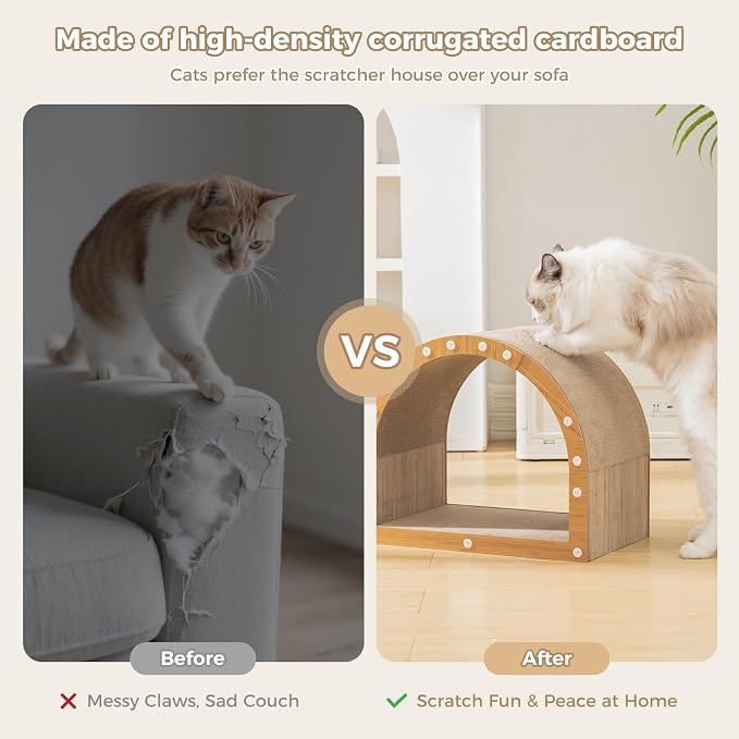 Avont Cardboard Cat Scratcher House, Kitten Tunnel & Scratching Pad | Modern Scratch Pad for Indoor Cats, Durable Corrugated Cardboard Scratcher for kitty