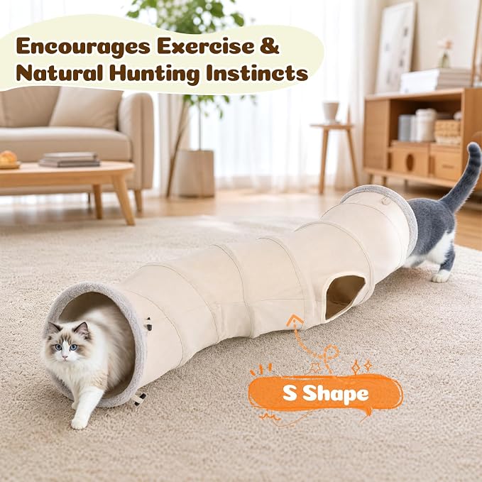 Ownpets S-Shape Cat Tunnel Toy 48"L x 12"D, for Cats, Puppies & Small Pets | Collapsible for storage, tear-resistant oxford fabric, connects to other tunnel, with peek hole, feather wand, indoor/outdoor