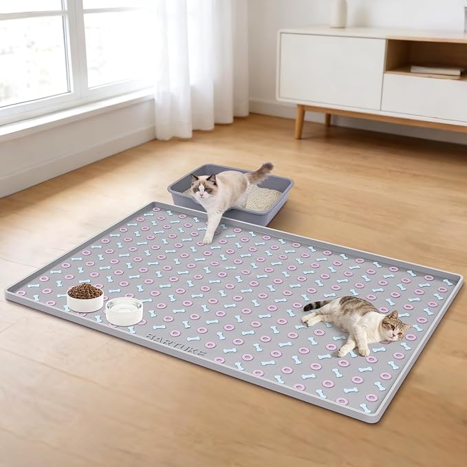 Silicone Cat Litter Mat 40" x 28" Cat Mat for Litter Box, Light Grey | Extra Large Litter Box Mat, Waterproof Cat Litter Trapping Mat, Non-slip, Leakproof Kitty Litter Mat with Bone Pattern