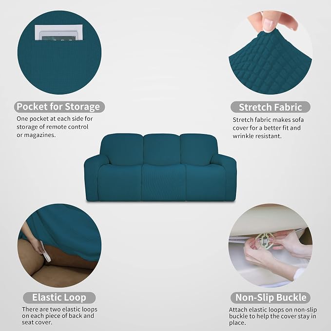 Easy-Going 100% Dual Waterproof Recliner Sofa Cover, 8-Pieces Stretch Relining Couch Cover with Pocket, Jacquard 3 Seat Sofa Slipcover Leakproof Washable (Sofa, Peacock Blue)