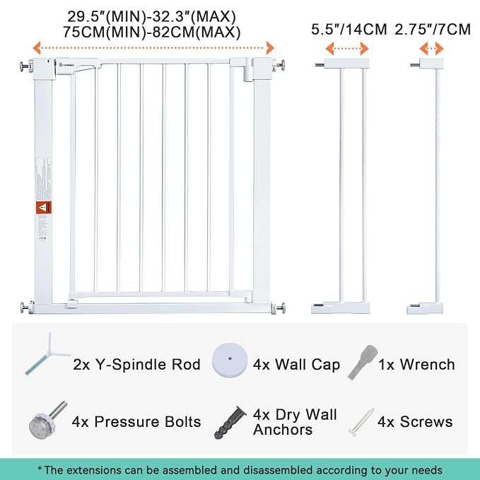 COMOMY 30" Tall Baby Gate for Stairs Doorways, Fits Openings 29.5" to 40.5" Wide, Auto Close Extra Wide Dog Gate for House, Pressure Mounted Easy Walk Through Pet Gate with Door, White