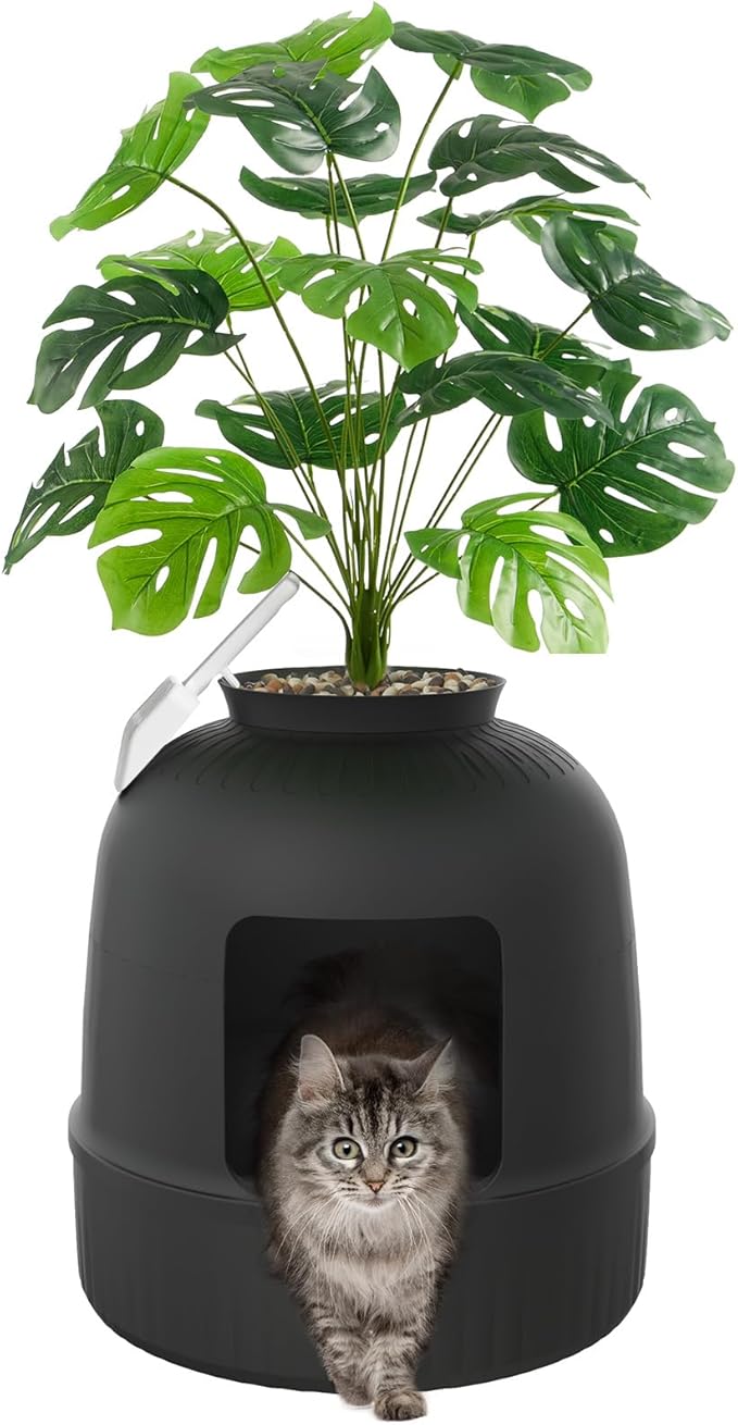 Lifewit Hidden Plant Cat Litter Box with Plastic Scoop, Black | Extra Large Enclosure Litter Tray with Carbon Filter& Odor Control, Aesthetic Cats Stuff for Living Room, Bathroom, Corner