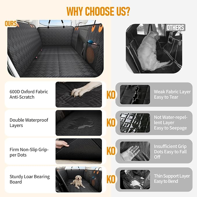Dog Car Seat Cover for Back Seat, Hard Bottom Back Seat Extender for Dog | Back Seat Pet Cover for Dogs - Supports 400lbs, Waterproof Heavy Duty Scratch Resistant, Dog Hammock for Full-Size Trucks/SUV
