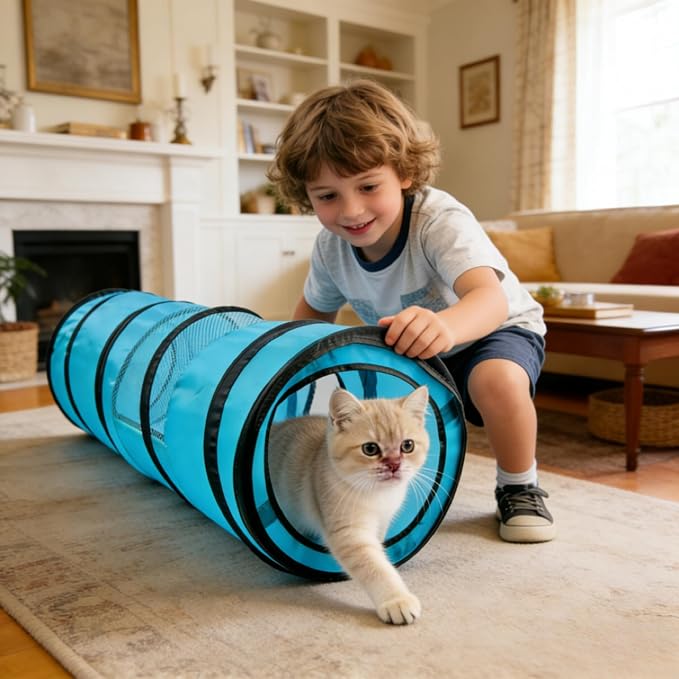 PAWISE Cat Tunnel for Indoor Cats, Collapsible Pet Tube with Peek Hole | Peek hole, tear-proof polyester, 10.5x34.5in, for cats rabbits, blue