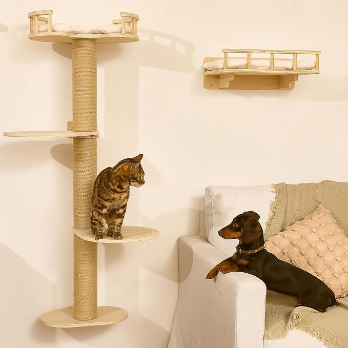FUKUMARU Cat Wall Shelves, 4 in 1 Set, Beige | Stable Wooden Wall-Mounted Furniture Set, Climbing Tree with Hammock, Bed, Perch and Scratching Mat