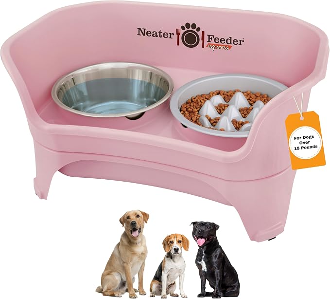 Neater Feeder Express Mess Proof Dog Bowls Elevated for Medium and Large Breed – Made in USA – No Spill Raised Slow Feeder Elevated Dog Bowl Stand, Slow Feed Food and Water Bowl Set, Pink