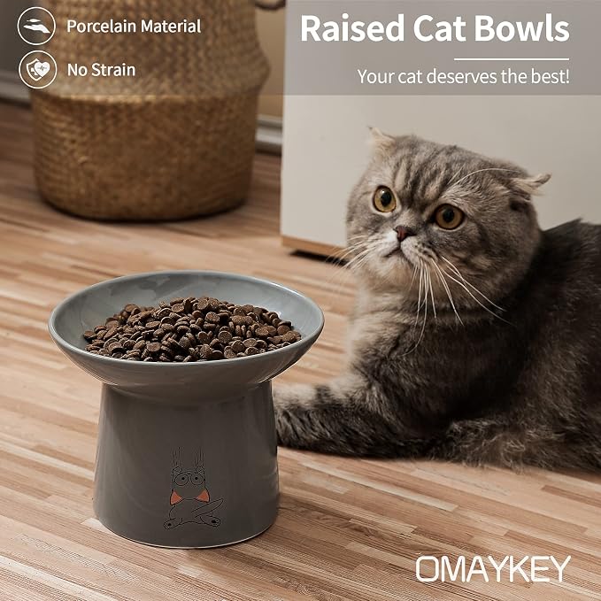 6.5 Inch Extra Wide Raised Cat Bowls, Elevated Cat Food Water Bowl Set | Ceramic, Prevent Neck, Whisker Fatigue, Anti Vomit, Dishes for Elder Big Cats & Small Dogs, White & Grey