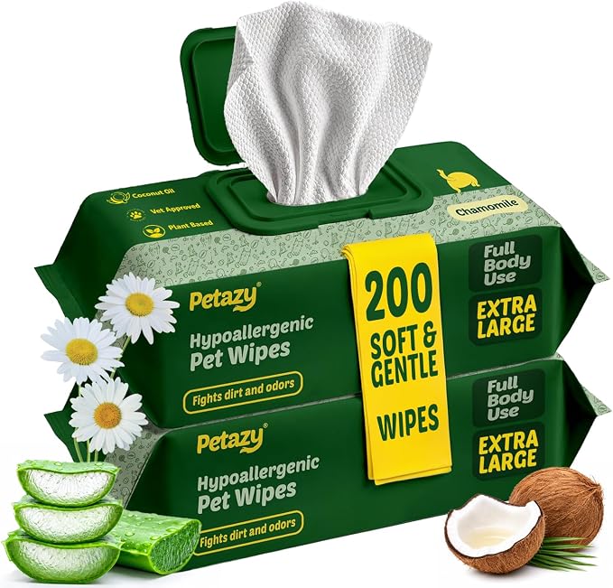 Pet Wipes for Dogs and Cats – 200 Count (8x8in) Hypoallergenic, Deodorizing Dog Wipes for Paws, Ears and Butt | XL with Aloe & Coconut Oil, Chamomile Scented | Travel Size, 2 On-the-Go Packs