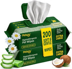 Pet Wipes for Dogs and Cats – 200 Count (8x8in) Hypoallergenic, Deodorizing Dog Wipes for Paws, Ears and Butt | XL with Aloe & Coconut Oil, Chamomile Scented | Travel Size, 2 On-the-Go Packs