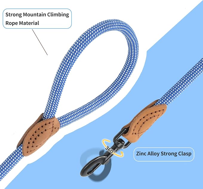 Mile High Life Dog Leash with Genuine Leather Connection, 6 FT/5 FT/4 FT | Rope Leash, Heavy Duty 360° Swivel Metal Clasp, for Small Medium & Large Dogs (Blue White, 60 Inch)