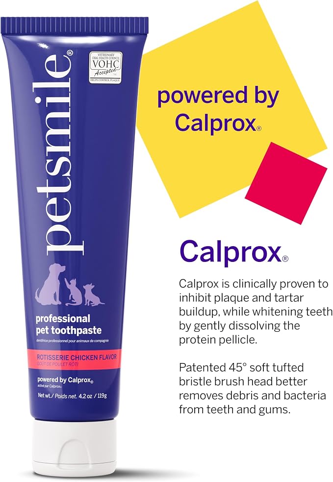 Petsmile VOHC Accepted Toothpaste, Rotisserie Chicken 4.2 Oz, Cats + Dogs | Pet-Approved, Calprox® Powered, Fights Plaque + Tartar, No-Brush Required, Human-Grade, 6-Month Supply, Clinically Proven